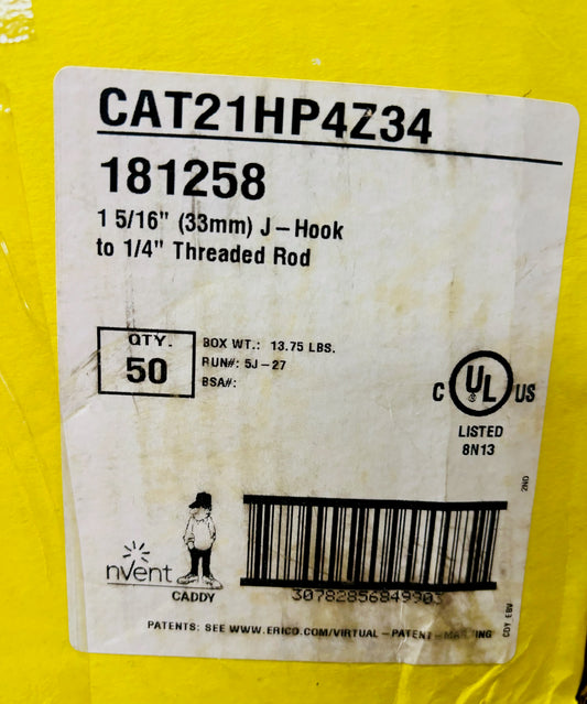 50Pk nVent Caddy CAT21HP4Z34 1 5/16" J-Hook to 1/4" Threaded Rod (181258)