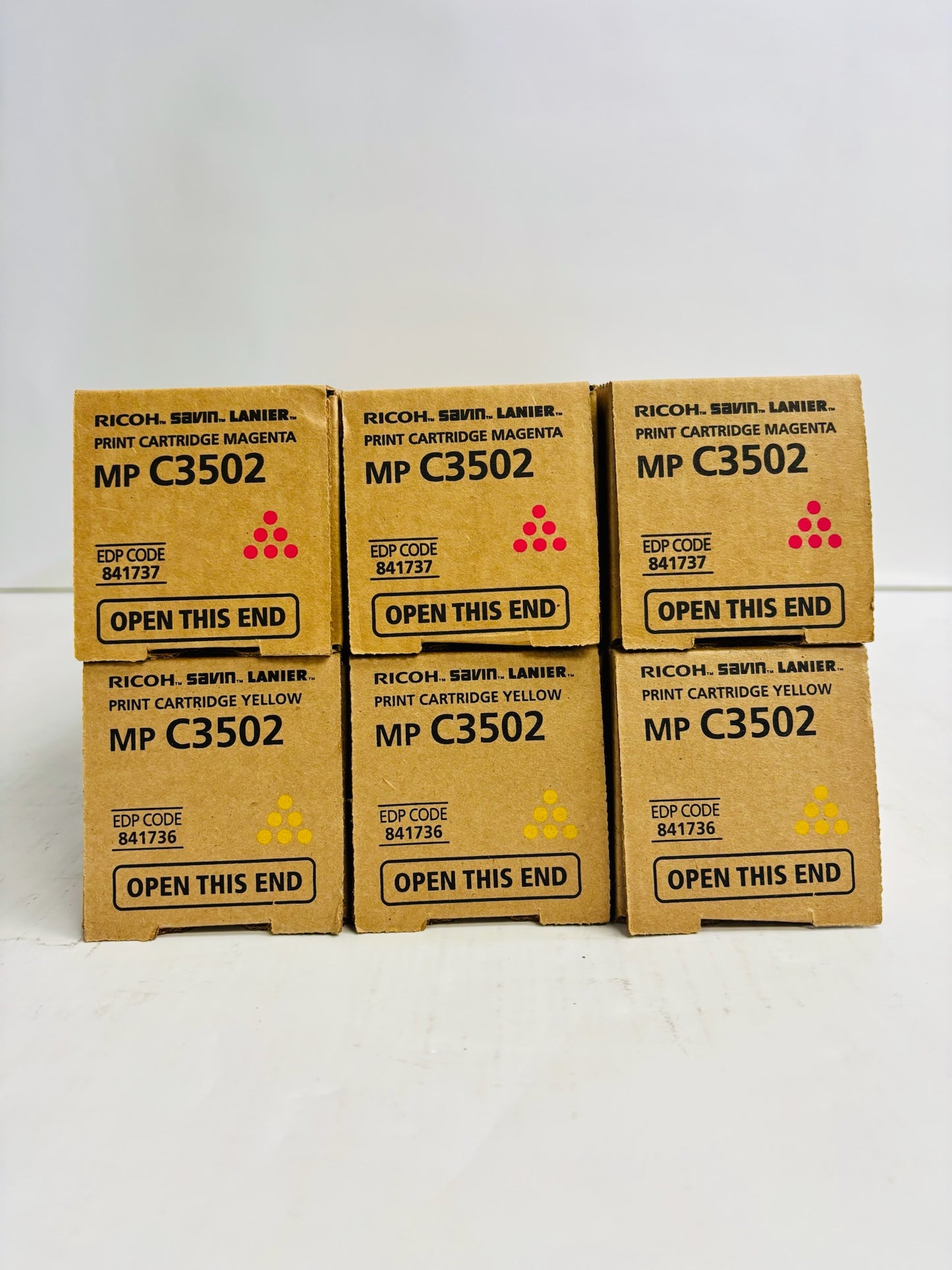 6 Genuine Ricoh AFMPC3002, C3502 MMMYYY Toners Magenta & Yellow 841736,841737