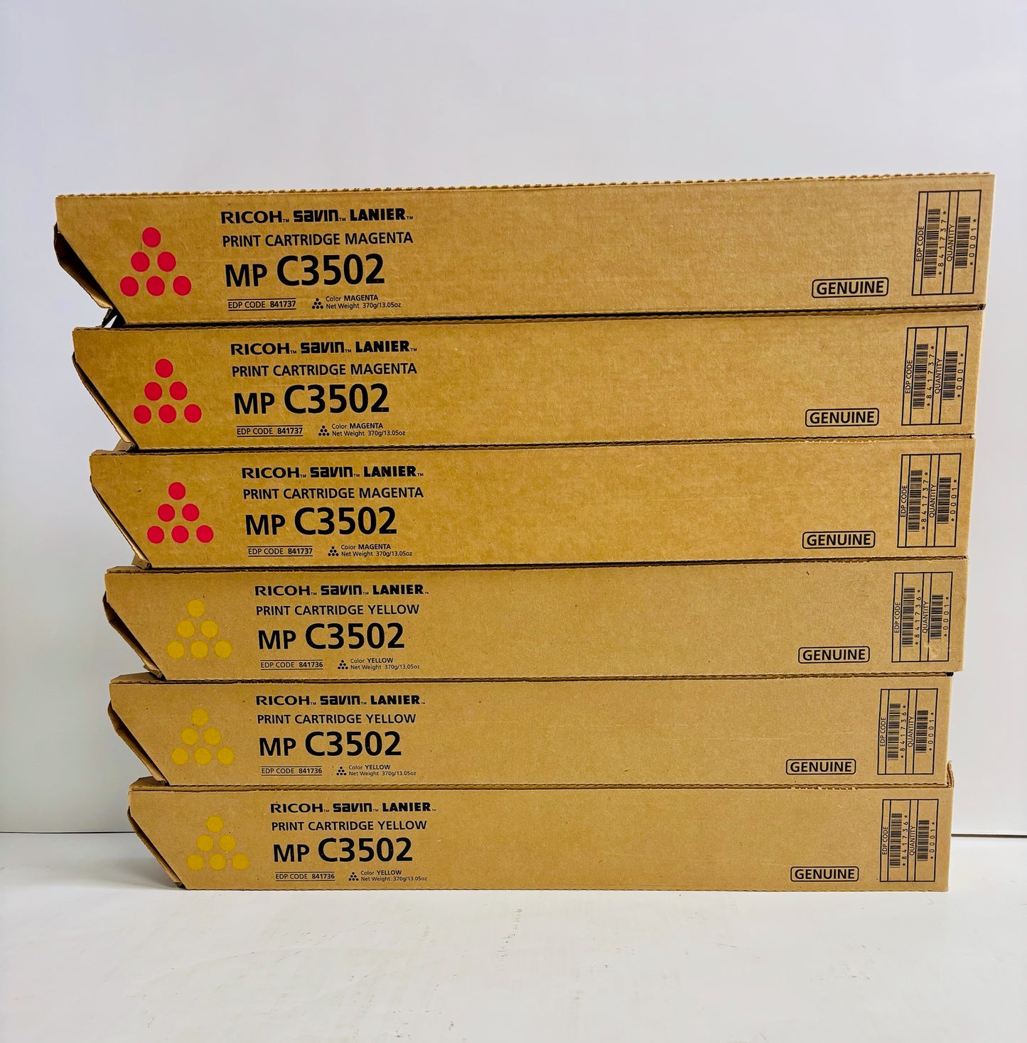 6 Genuine Ricoh AFMPC3002, C3502 MMMYYY Toners Magenta & Yellow 841736,841737