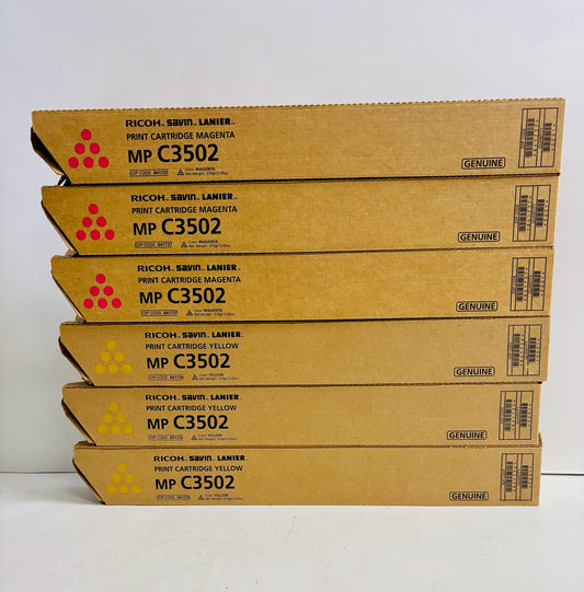 6 Genuine Ricoh AFMPC3002, C3502 MMMYYY Toners Magenta & Yellow 841736,841737