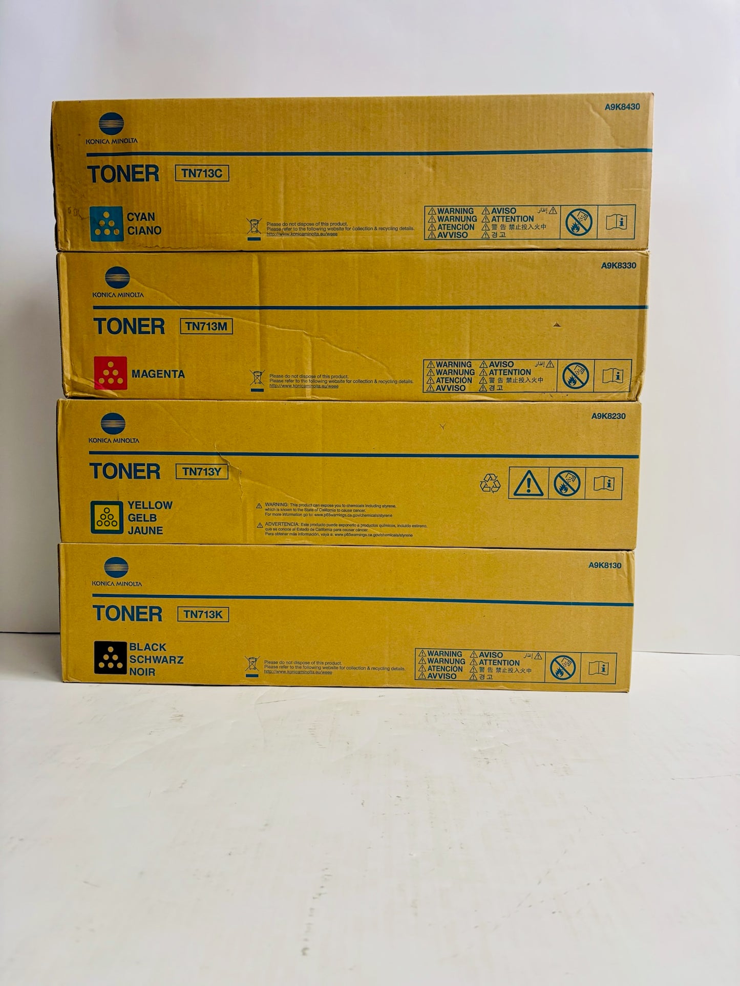 4 Genuine Konica Minolta BH C659,C759 CMYK Toners TN713 (Cyan Water Damaged Box)
