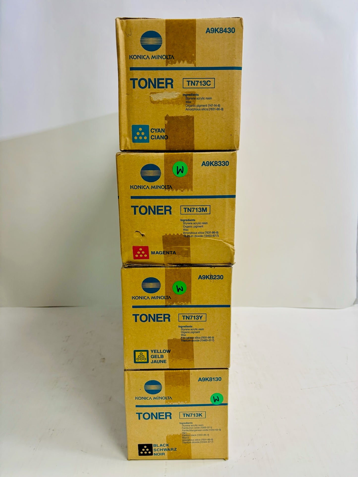 4 Genuine Konica Minolta BH C659,C759 CMYK Toners TN713 (Cyan Water Damaged Box)