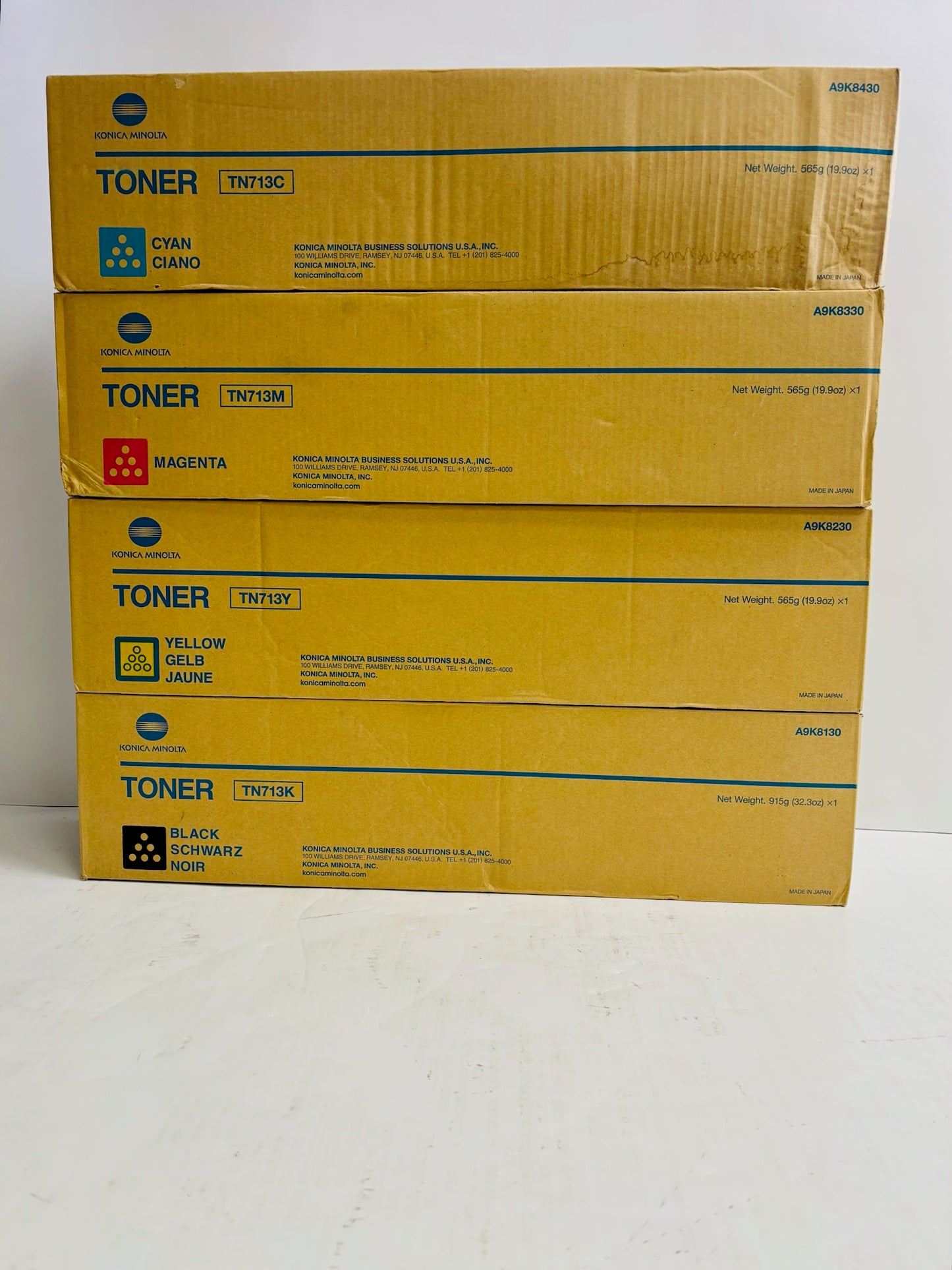4 Genuine Konica Minolta BH C659,C759 CMYK Toners TN713 (Cyan Water Damaged Box)