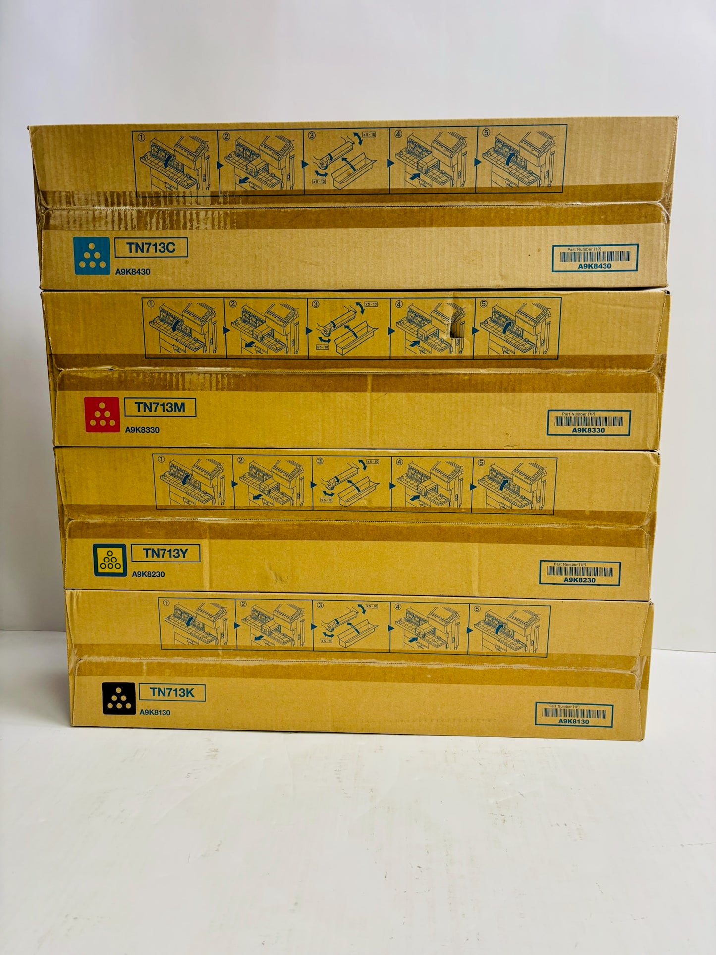 4 Genuine Konica Minolta BH C659,C759 CMYK Toners TN713 (Cyan Water Damaged Box)