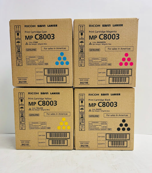 4 Genuine Ricoh MP C8003,C6503,C8000 CMYK Toners 842196,842197,842198,842199