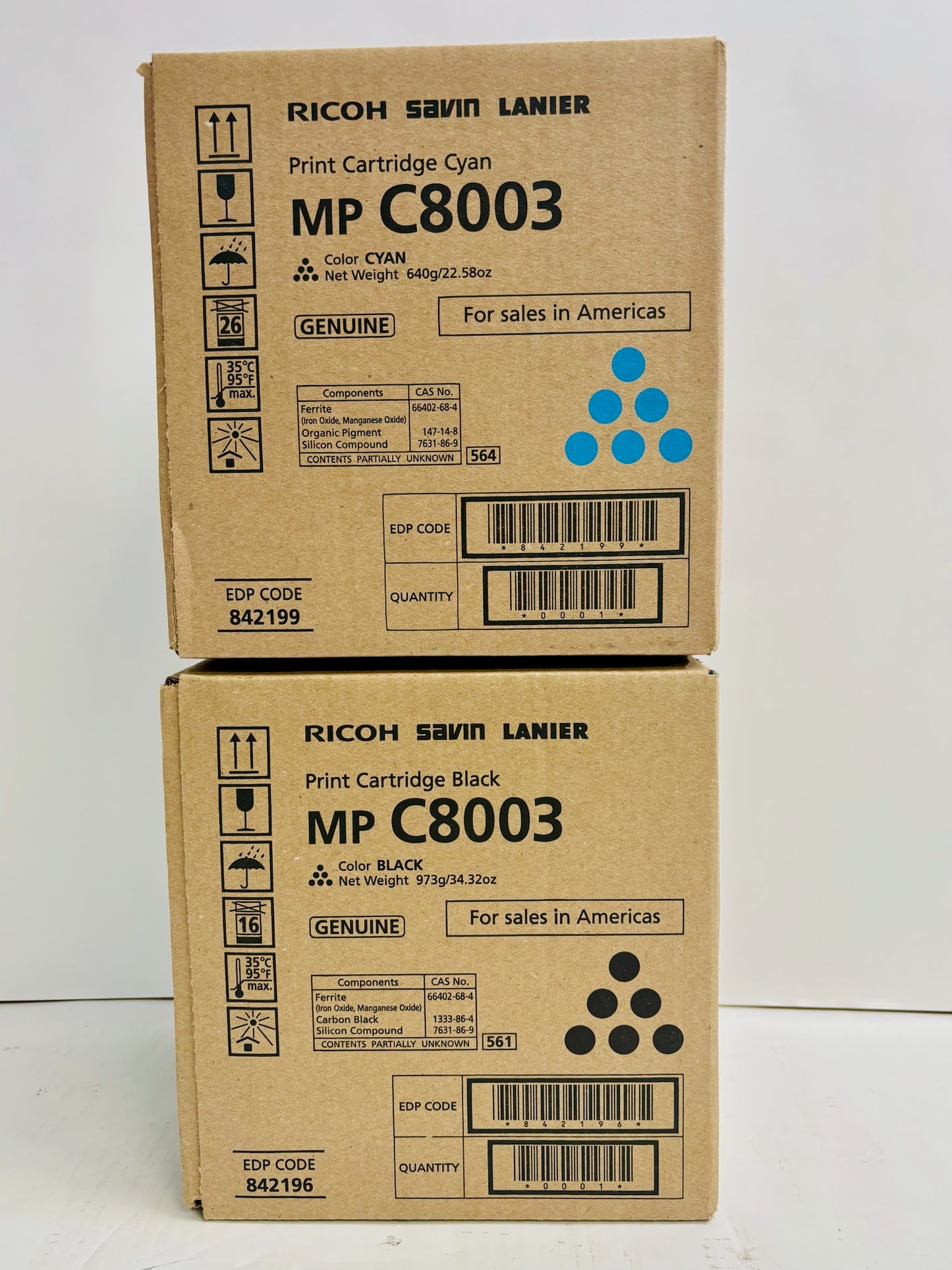 2 Genuine Ricoh MP C8003,C6503,C8000 Cyan & Black Toners 842196,842199