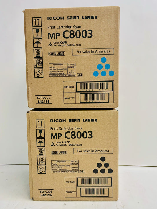 2 Genuine Ricoh MP C8003,C6503,C8000 Cyan & Black Toners 842196,842199