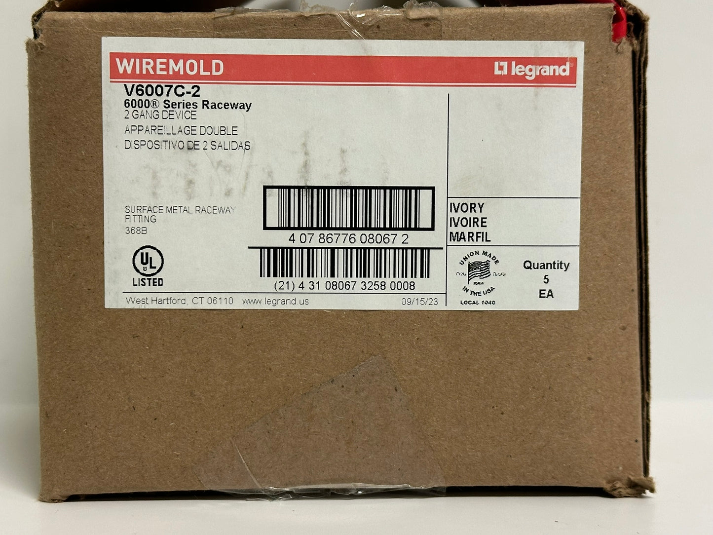 5 PK Wiremold (V6007C-2) 6000 Series Raceway 2 Gang Device Plate Fitting