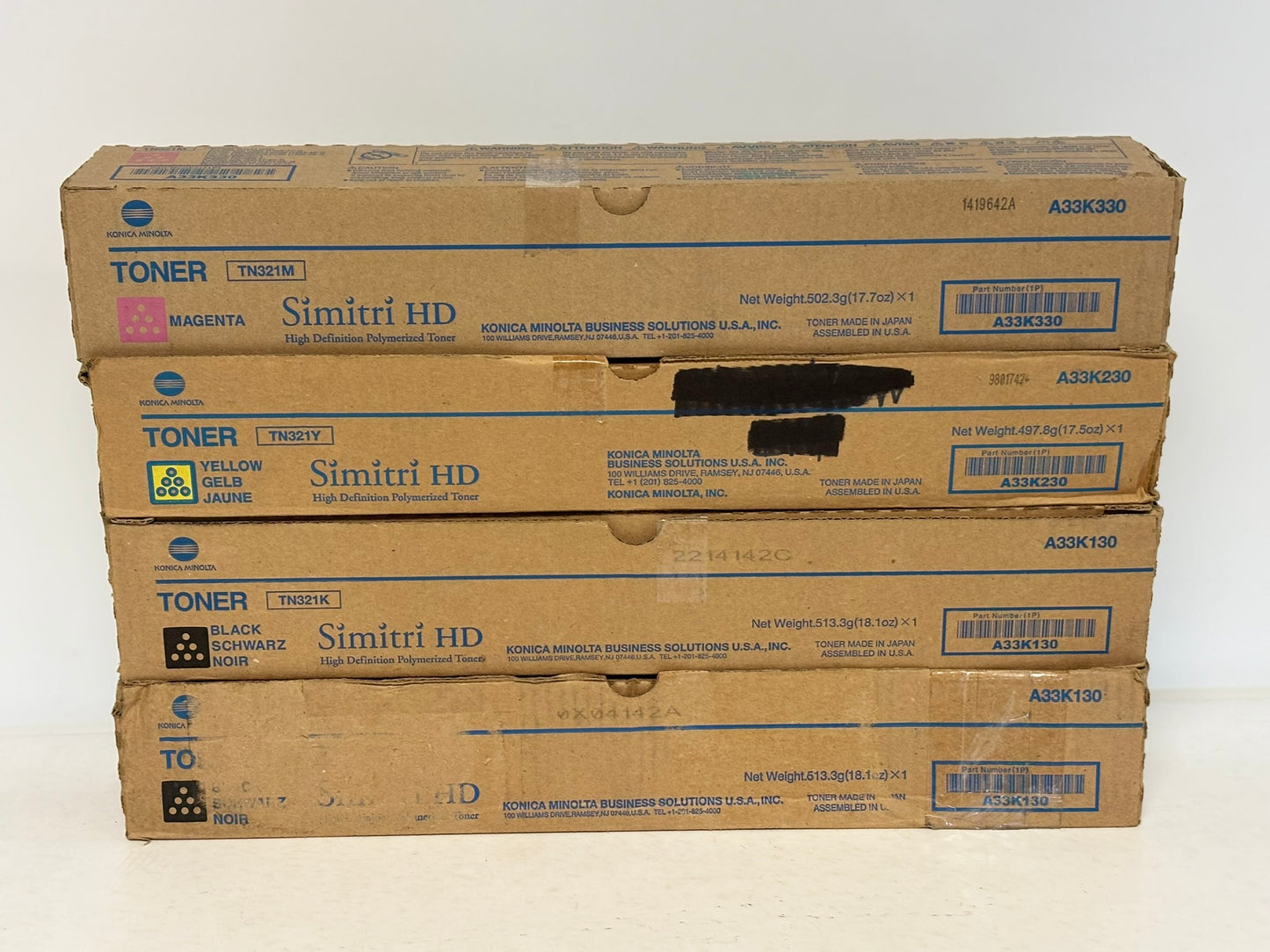 4 OEM Konica Minolta BH C224,C284,C364,C364e TN321 MYKK Toners ( No Cyan)