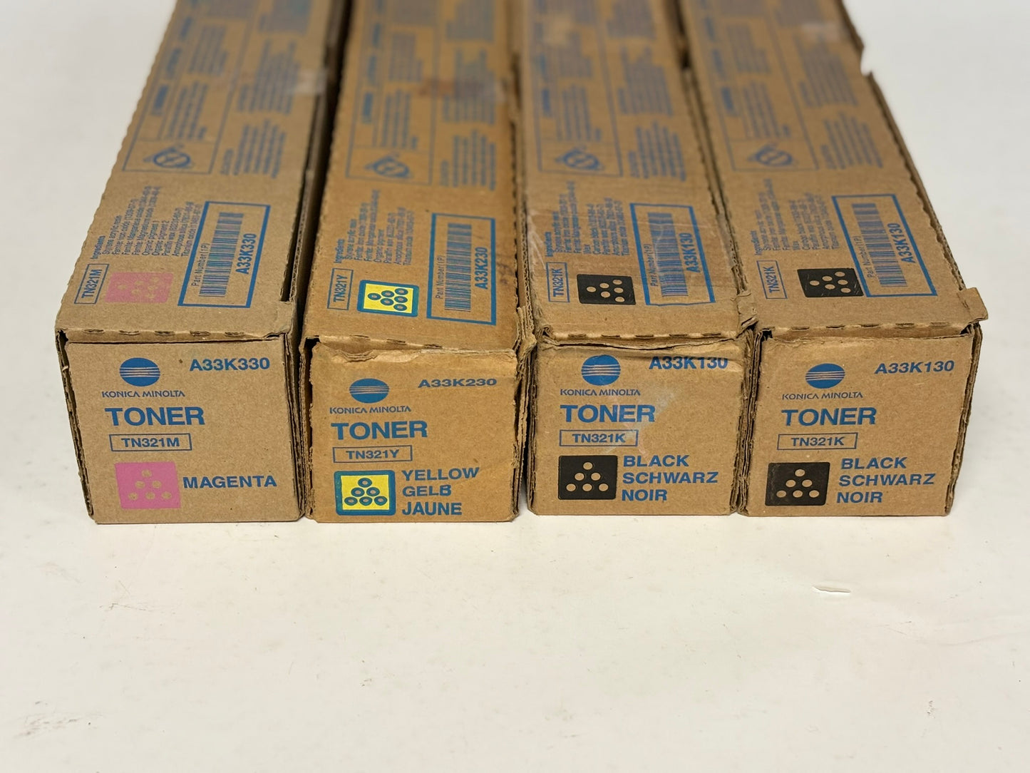 4 OEM Konica Minolta BH C224,C284,C364,C364e TN321 MYKK Toners ( No Cyan)