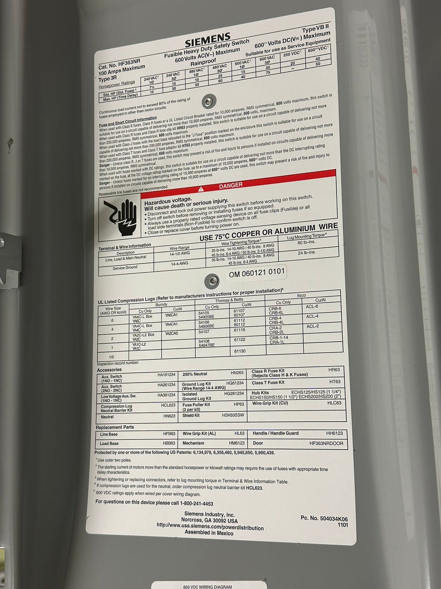 Siemens (HF363NR) Heavy Duty Safety Switch NEMA /Class H,J,K,R,T Fuses