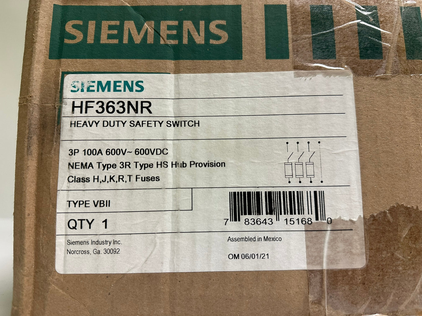 Siemens (HF363NR) Heavy Duty Safety Switch NEMA /Class H,J,K,R,T Fuses