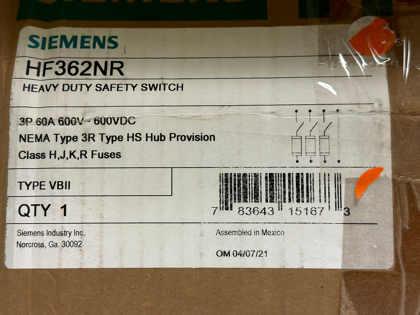 Siemens (HF362NR) Heavy Duty Safety Switch 60A 600V- 600CDC Type 3R
