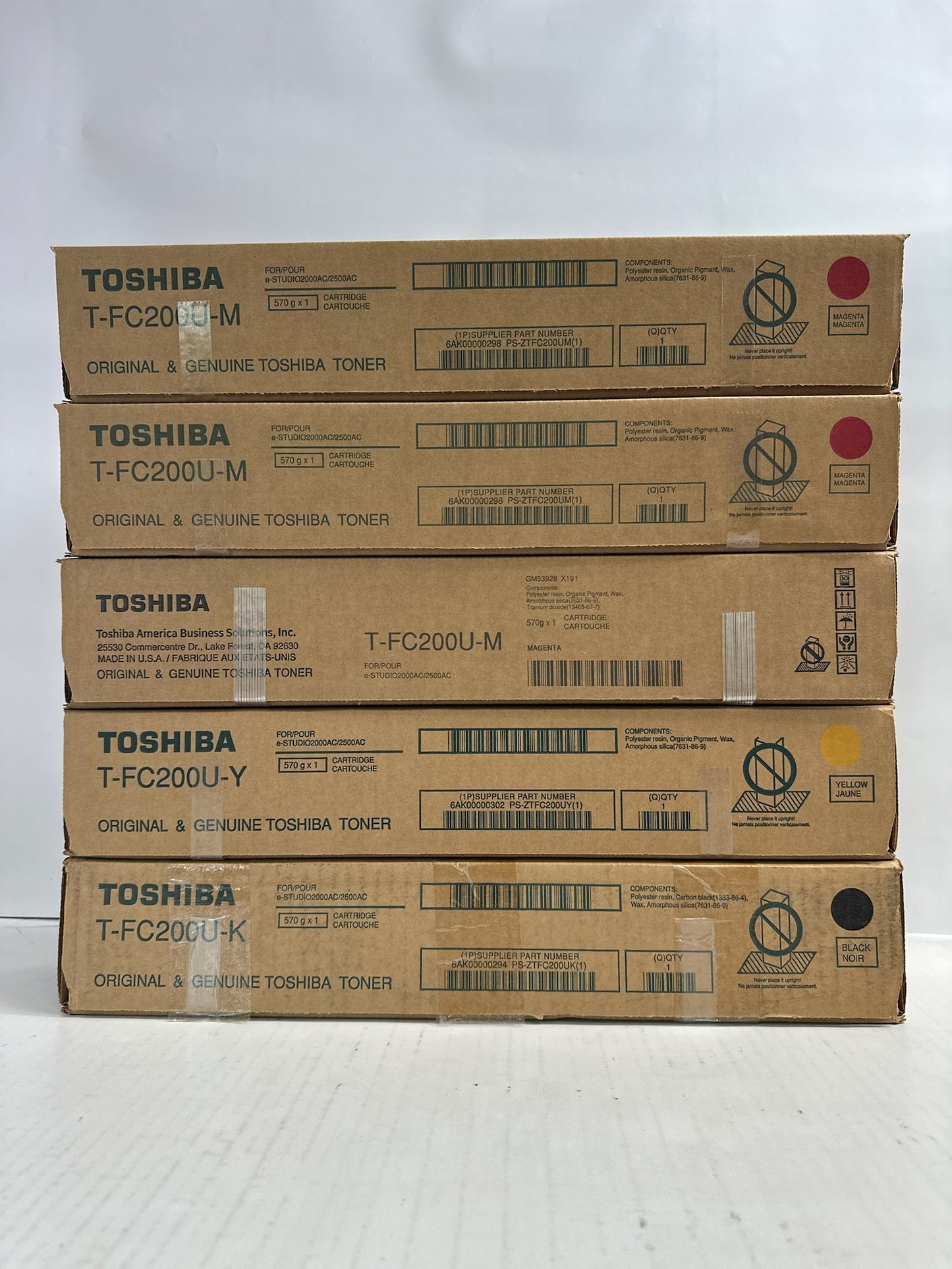 5 New Genuine Toshiba e-STUDIO 2000AC,2500AC MMMYK Toner T-FC200U (No Cyan)