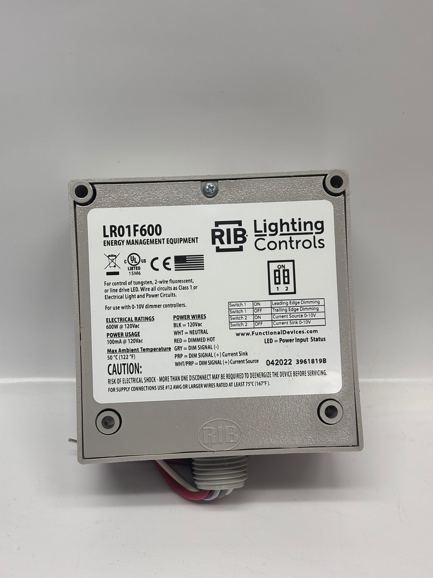 RIB Lighting Controls LR01F600 Enclosed Phase Angle Dimmer 0-10V 600W 120Vac