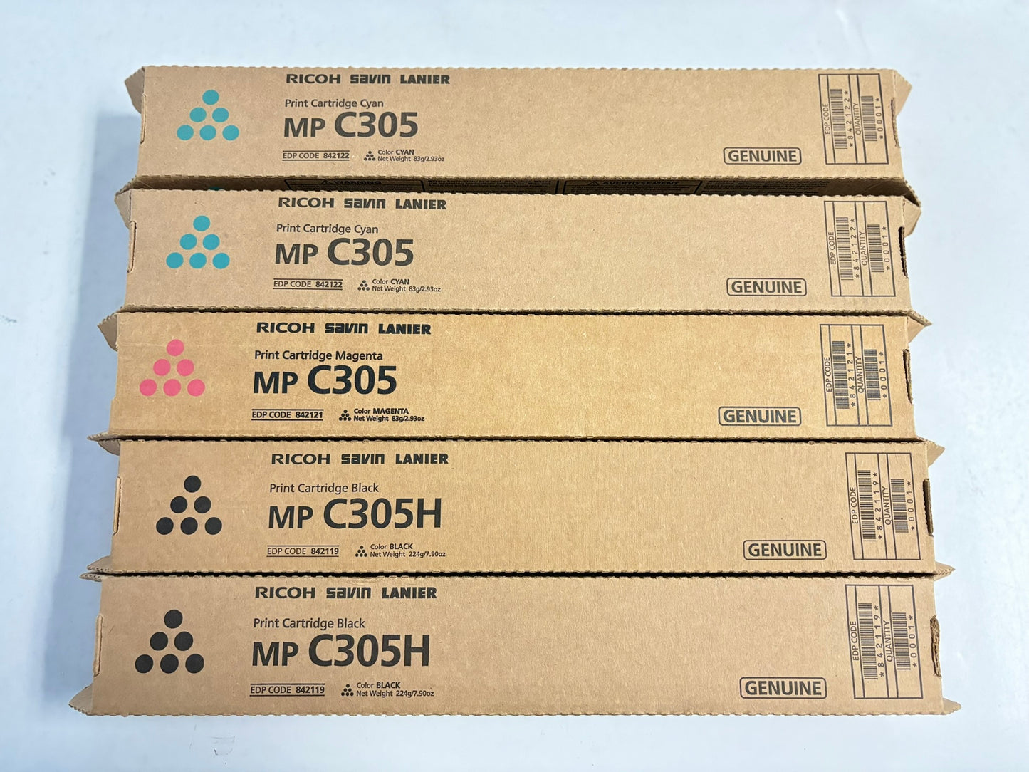 5 OEM Ricoh Aficio MP C305, C305H CCMKK Toners 842122, 842121, 842119
