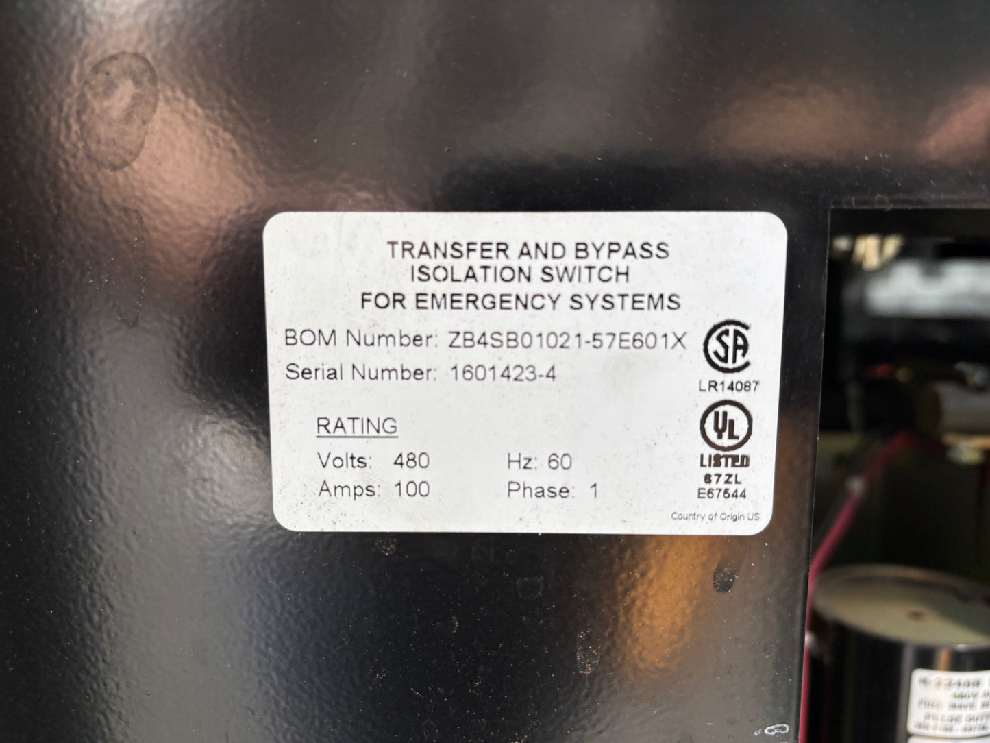GE Zenith Controls 100amp Transfer Switch Cat# ZB4sb0121-57e601x  1 phase 480V