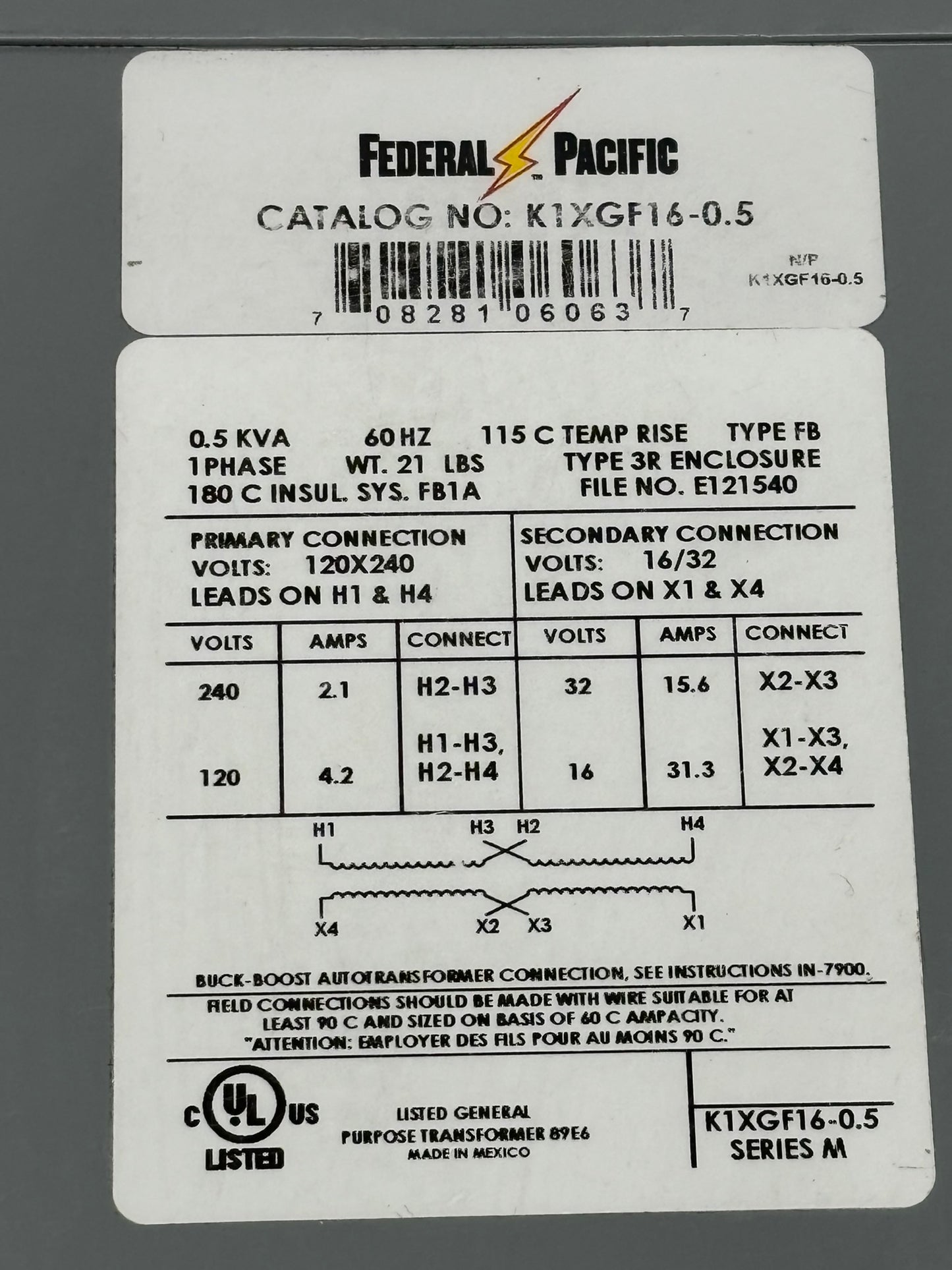 K1XGF16-0.5 Federal Pacific 1 Phase 0.5 KVA Transformer. 120x240V Primary X 16/32V Secondary