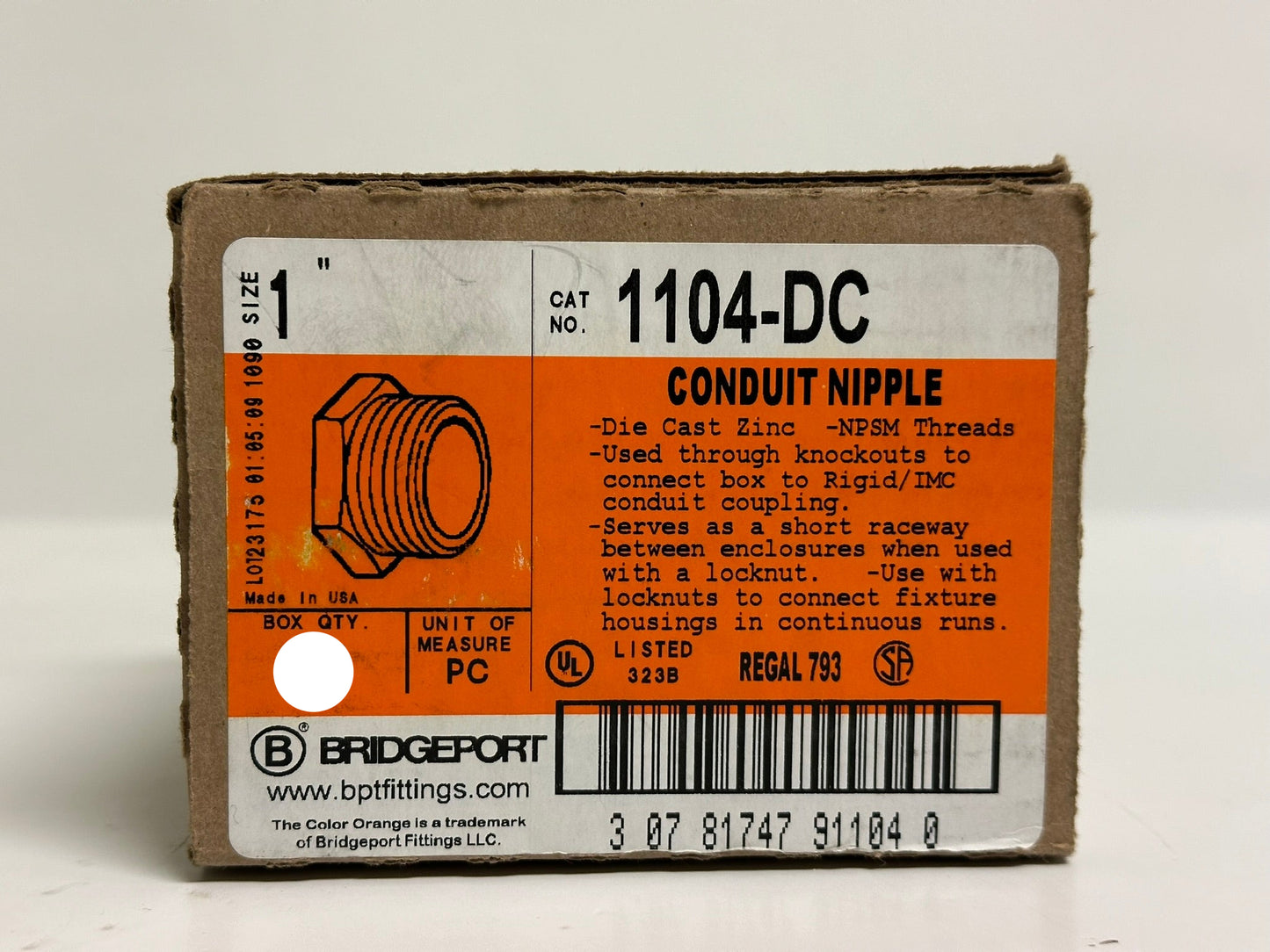 75-Pack Bridgeport 1104-DC 1" Zinc Conduit Nipple, Die-Cast, Threaded