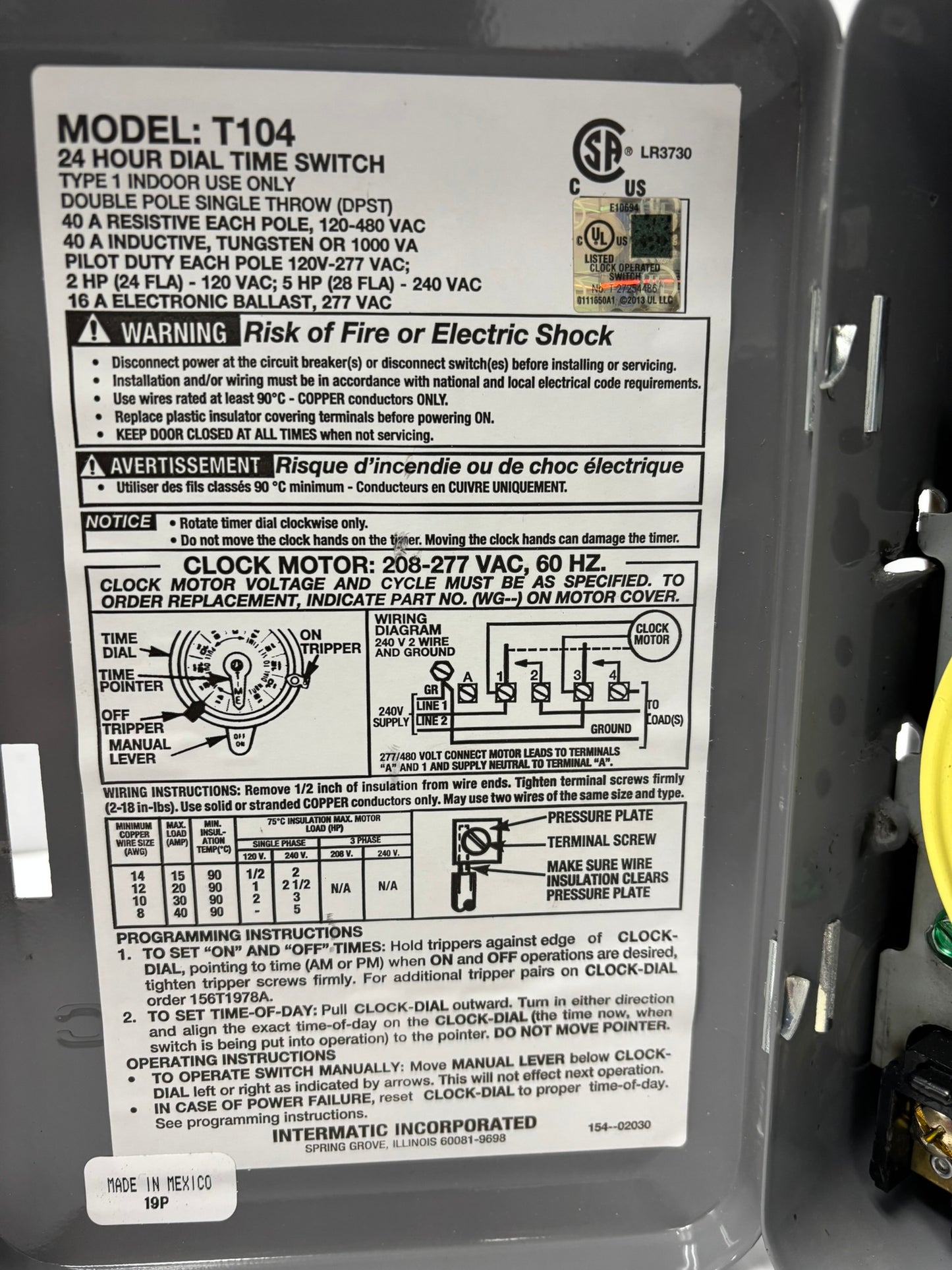 Intermatic T104 24-Hour Mechanical Time Switch, 208-277 VAC 60Hz, DPST (Used)