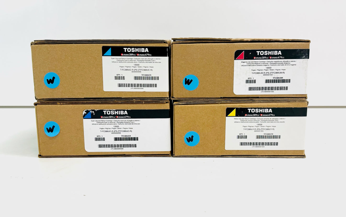 4 Genuine Toshiba 389CS, 479CS Cyan, Magenta, Yellow Toners T-FC389U