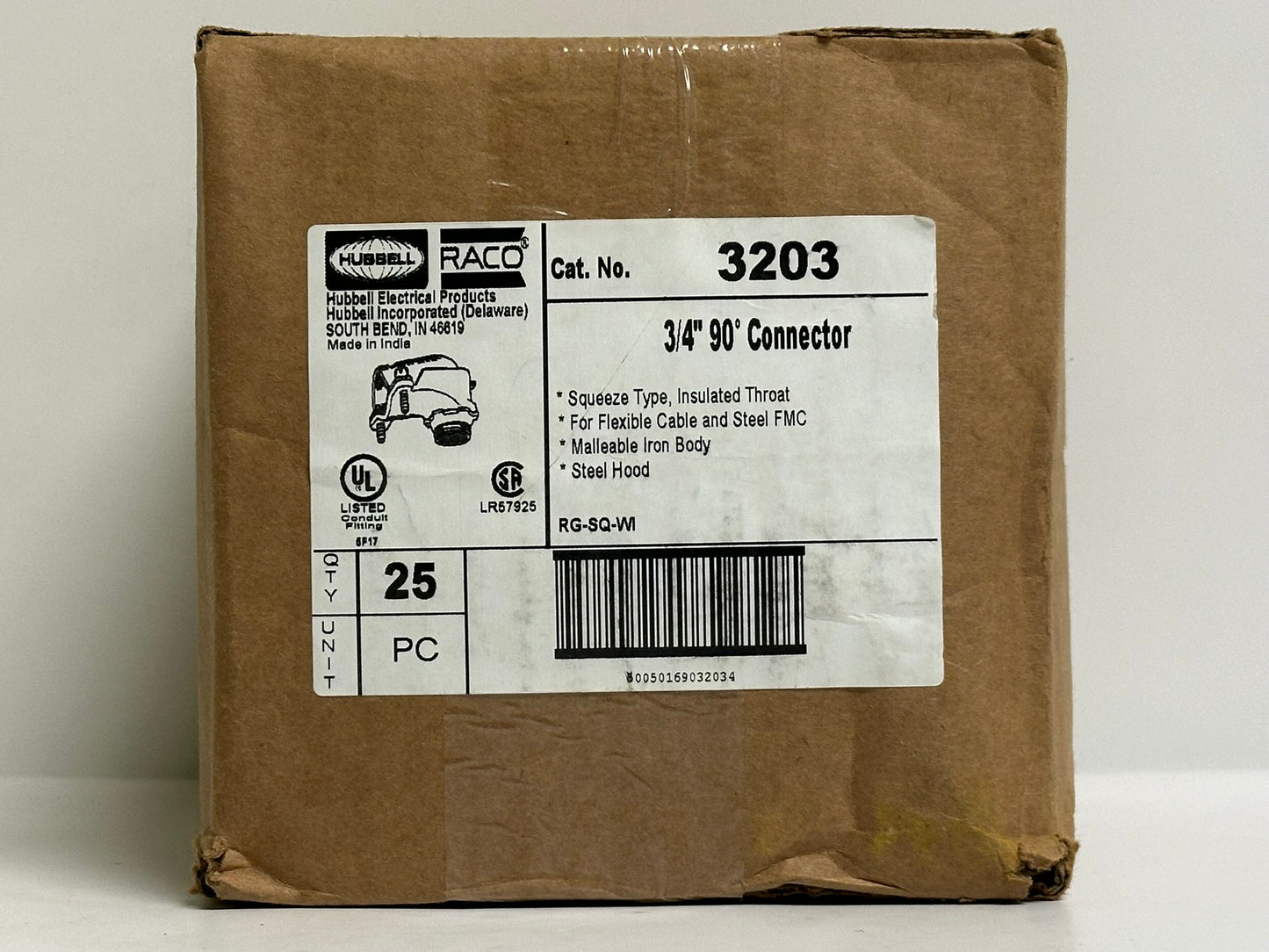 25 PK RACO 3203 90° Connector – 3/4 in., Zinc, for Flex or MC Cable