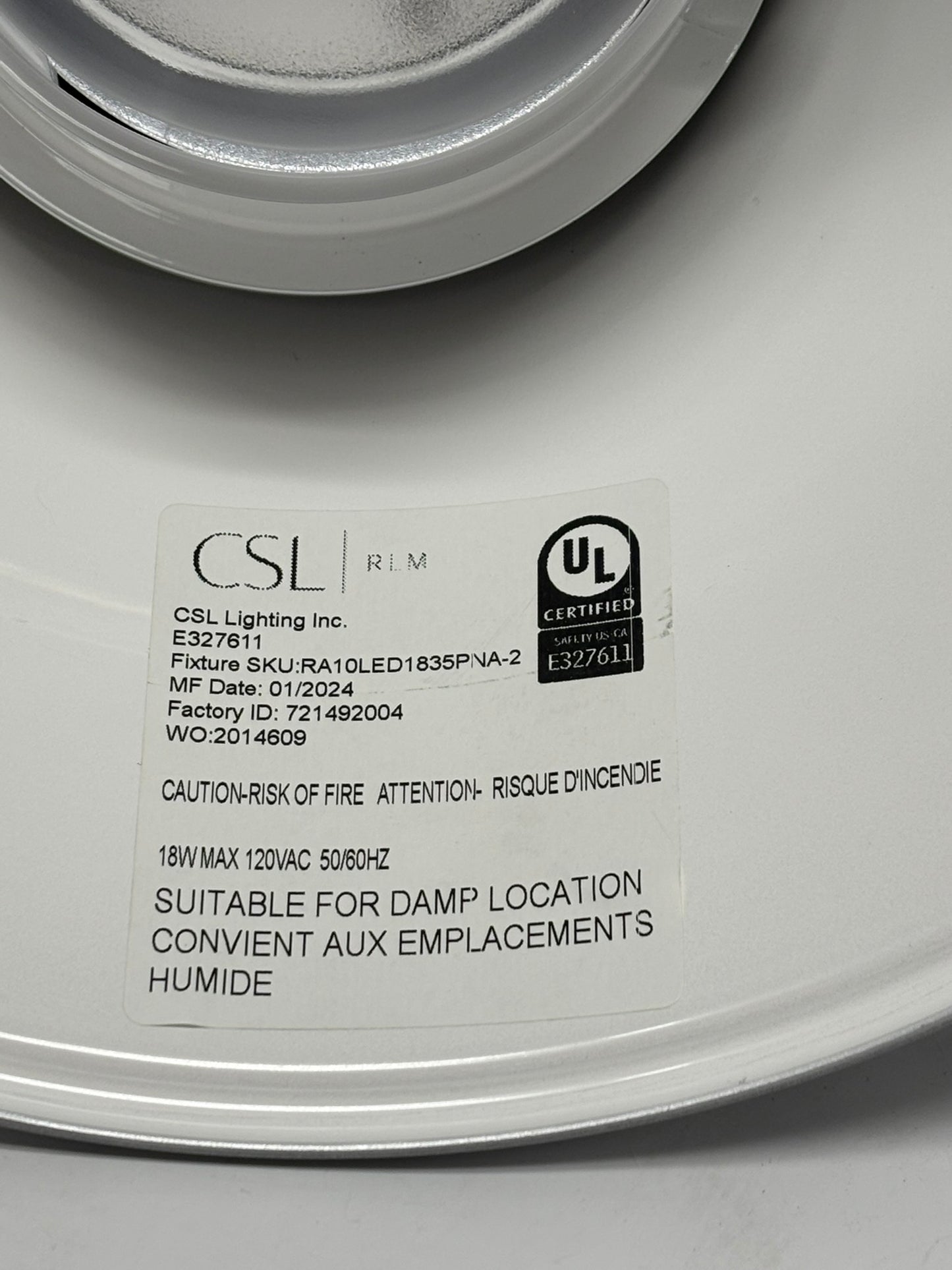 CSL Lighting E327611 Light Fixture Emplacement 18W MAX 120VAC 50/60HZ Fixture SKU: RA10LED1835PNA-2