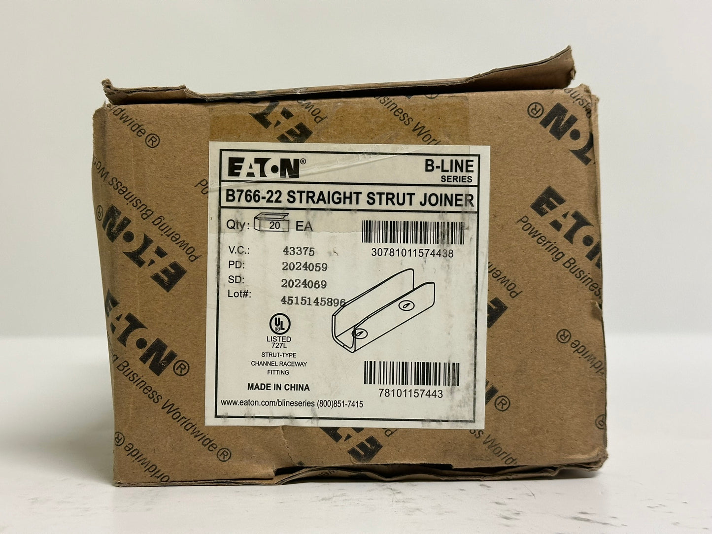20 PK B-Line B766-22 Straight Strut Joiner for B22/B24 Channel, Cast Aluminum, Zinc Plated