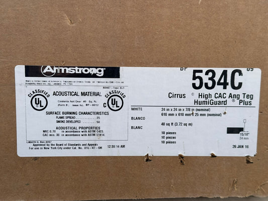 10 PC 40 SQ FT Armstrong 534C Acoustical Ceiling Tile, Sound Absorbing, 2' x 2' - White