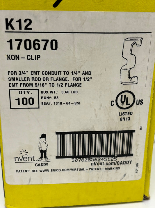 150-Pack Nvent Caddy K12 170670 Kon Clip 33/4 for EMT Conduit to 1/4 1/2 EMT from 5/16 to 1/2 Flange