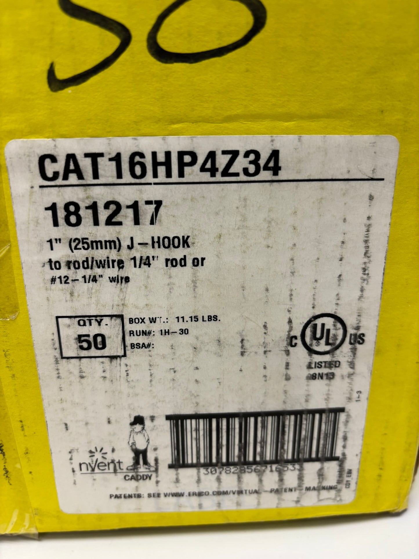 50 PACK Nvent Caddy CAT16HP4Z34 Spring Steel Corrosion Resistant J-Hook to Rod/Wire
