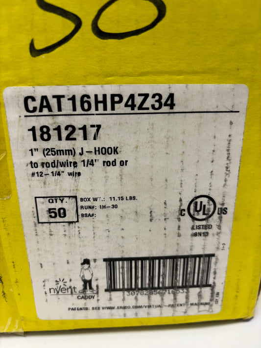 50 PACK Nvent Caddy CAT16HP4Z34 Spring Steel Corrosion Resistant J-Hook to Rod/Wire