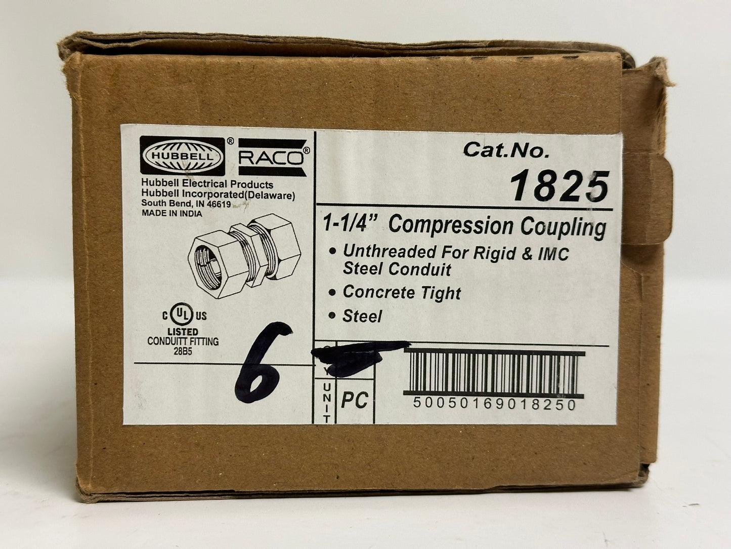 6 PK RACO 1825 2-1/2" EMT Compression Coupling – Steel, Concrete-Tight