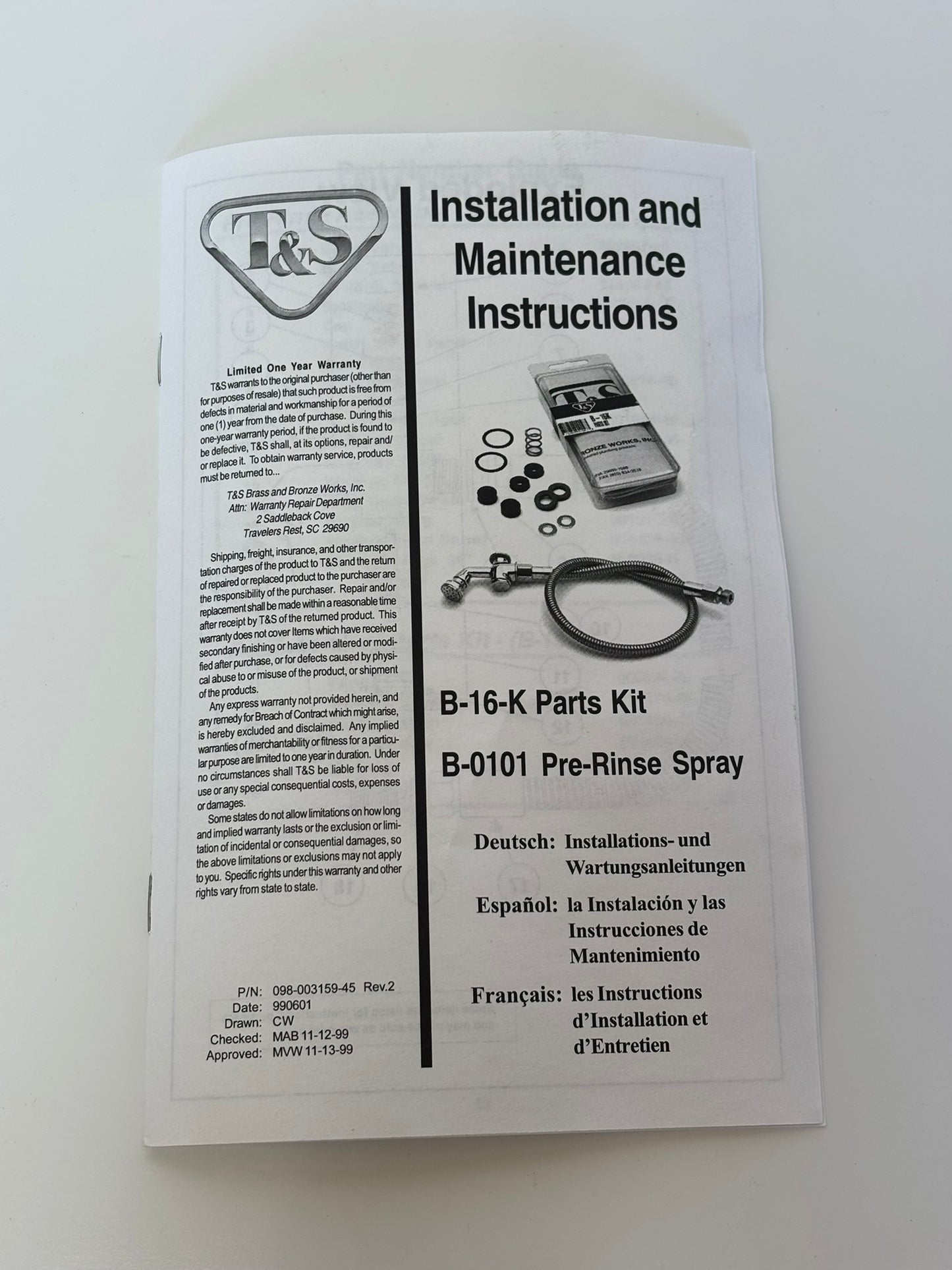T&S B-0101 Spray Valve w/ Rosespray Head and 38" Flexible Stainless Steel Hose