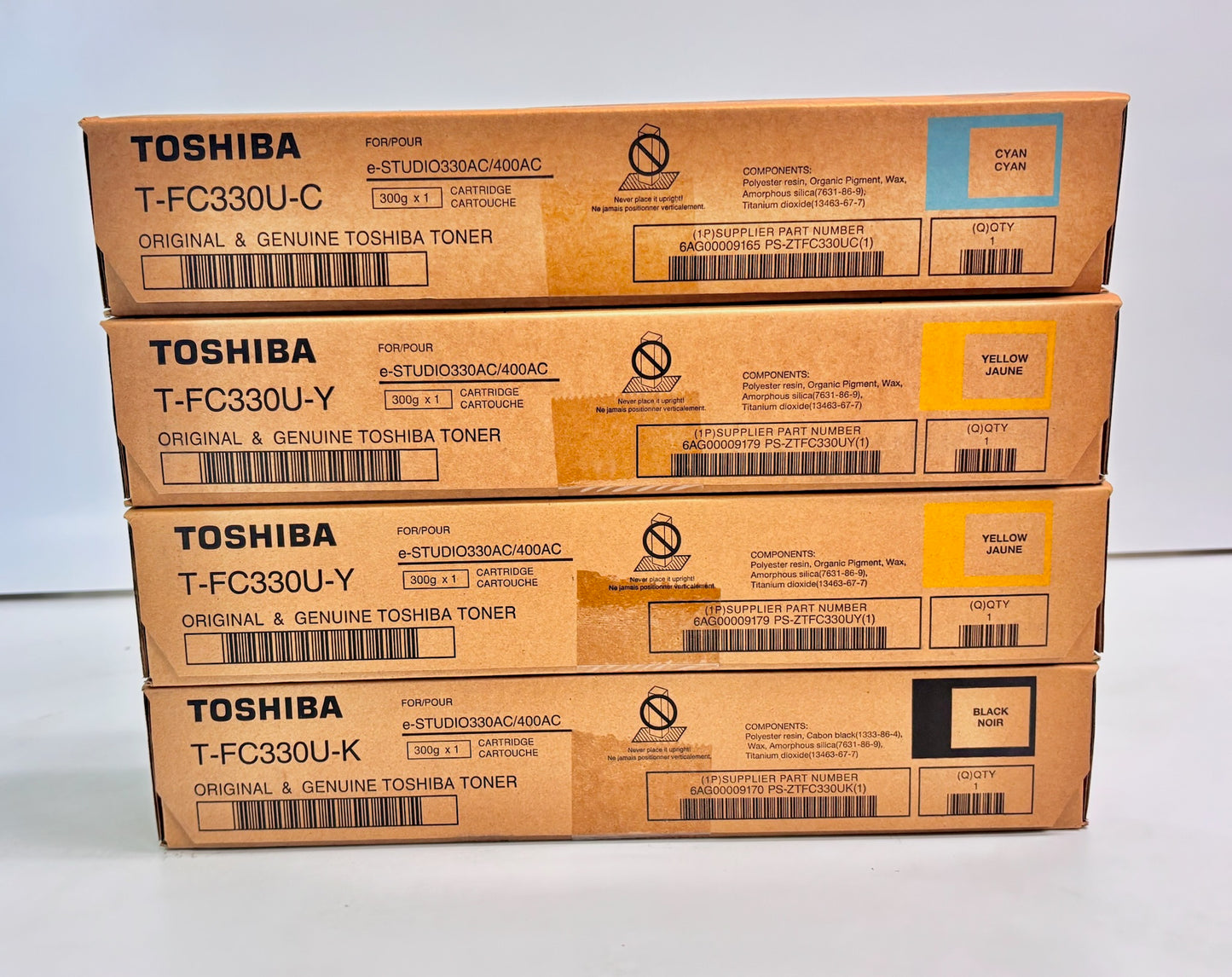 4 Genuine Toshiba 400AC, 330AC Cyan, Yellow & Black Toners T-FC330U-CYYK