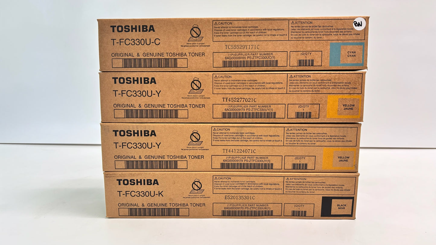 4 Genuine Toshiba 400AC, 330AC Cyan, Yellow & Black Toners T-FC330U-CYYK