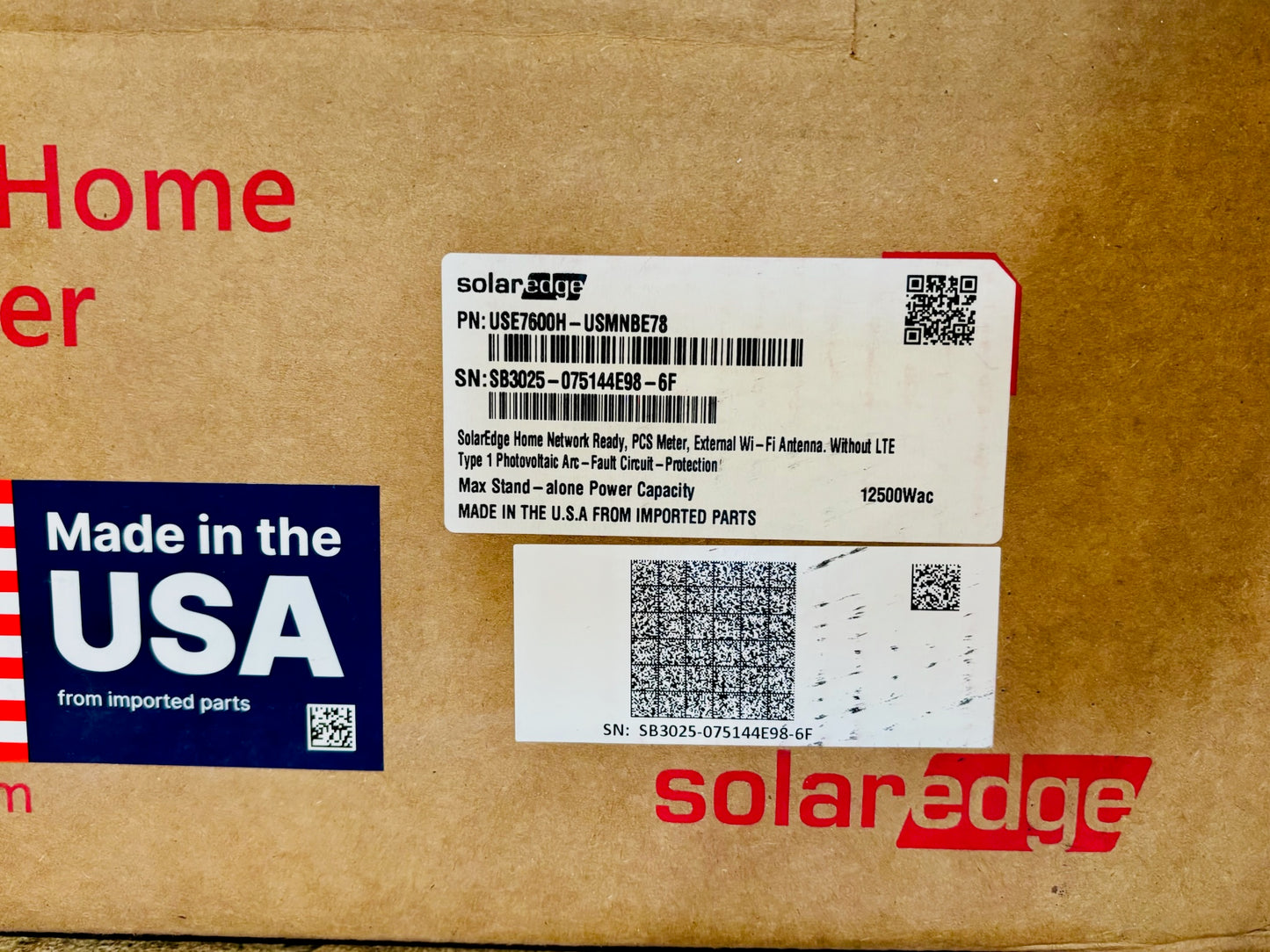 SolarEdge USE7600H-USMNBE78 Single-Phase Inverter Home Hub 7.6 kW 2037 Warranty