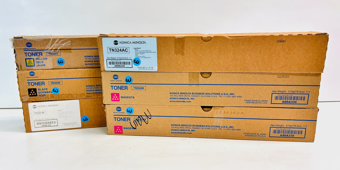 6 Genuine Konica BHC258,C368 Cyan, Magenta, Yellow & Black Toners TN324 CMMYKK