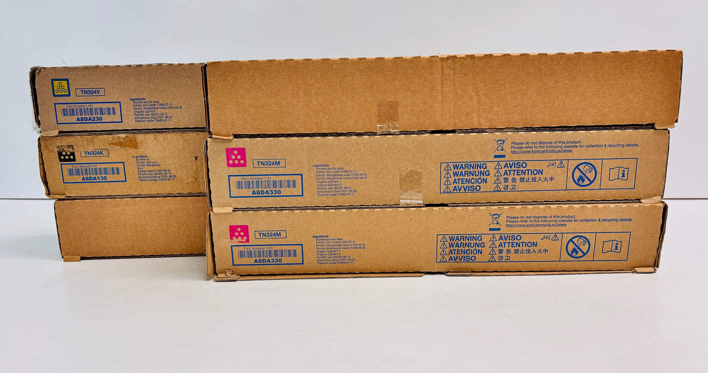 6 Genuine Konica BHC258,C368 Cyan, Magenta, Yellow & Black Toners TN324 CMMYKK