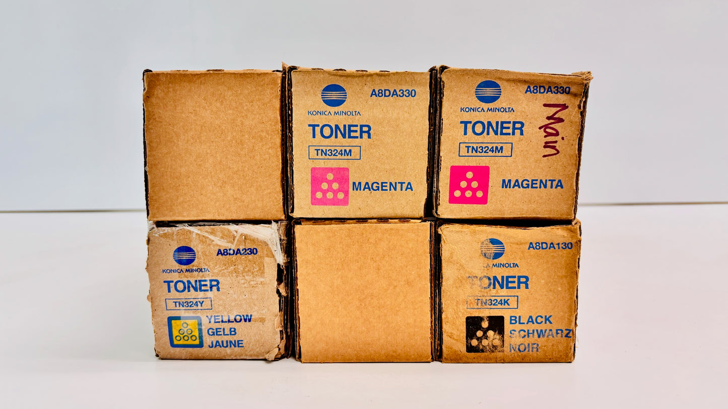 6 Genuine Konica BHC258,C368 Cyan, Magenta, Yellow & Black Toners TN324 CMMYKK