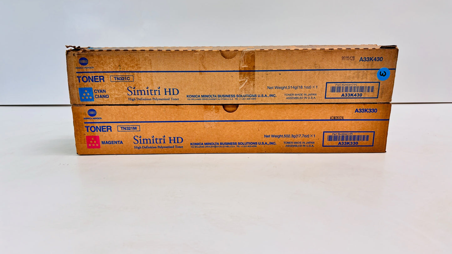 2 Genuine Konica Minolta C224, C284, C364e Cyan, Magenta Toners TN321