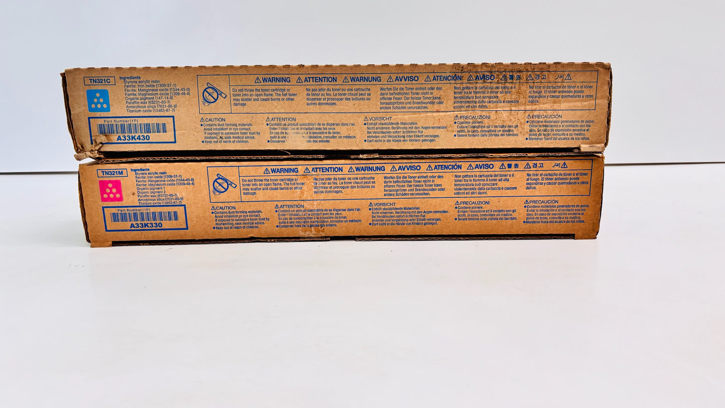 2 Genuine Konica Minolta C224, C284, C364e Cyan, Magenta Toners TN321