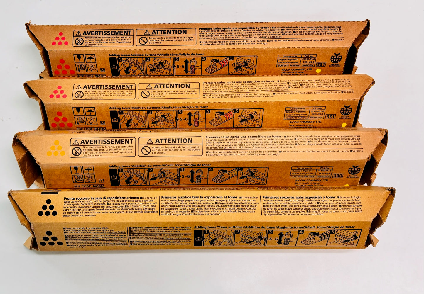 4 OEM Ricoh LD520C, MPC2030 Mag., Yel. & Black Toner 842494, 841501, 502