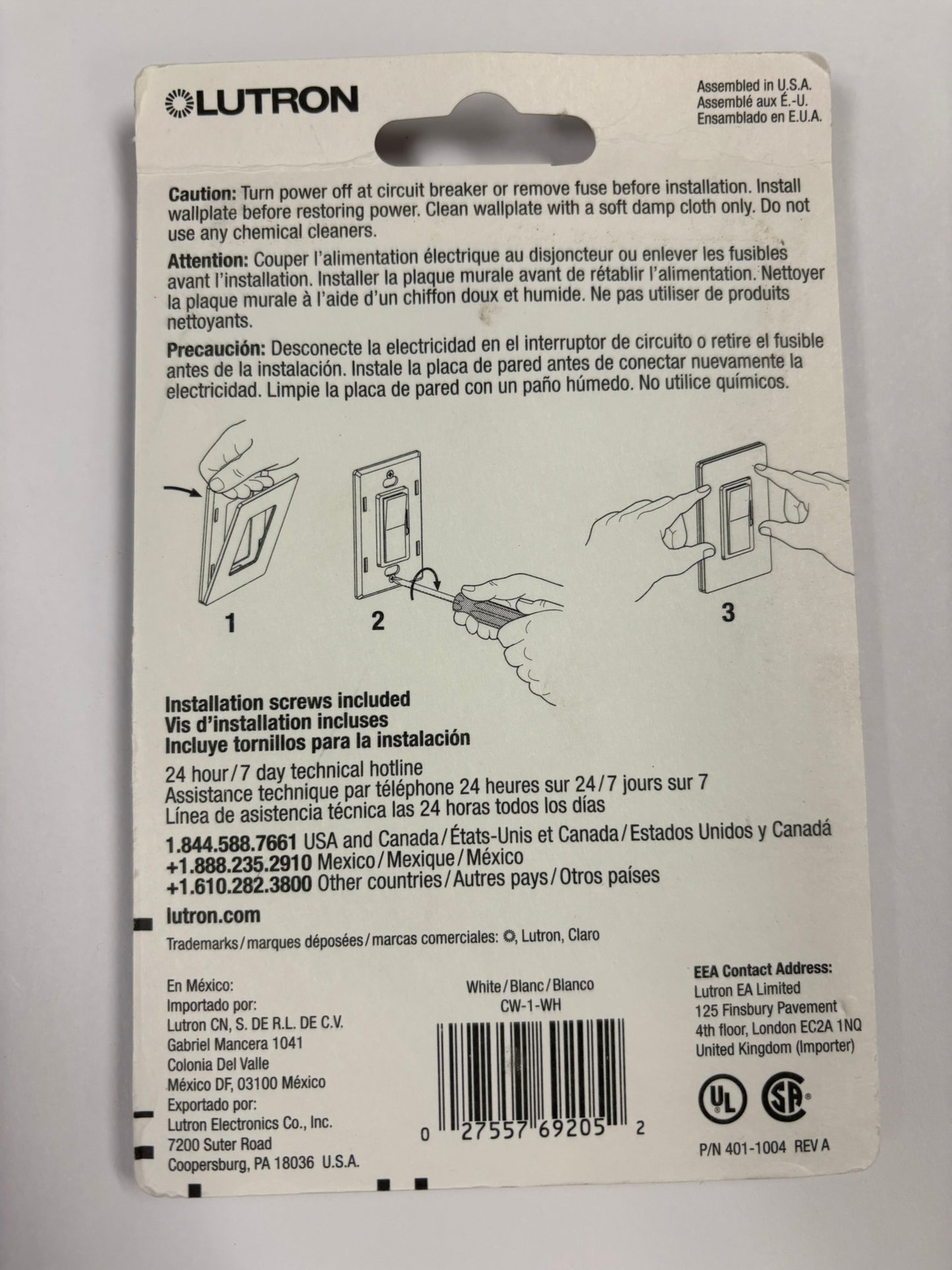 12 PK Lutron CW-1-WH Claro Screwless 1-Gang Wall Plate – Gloss White