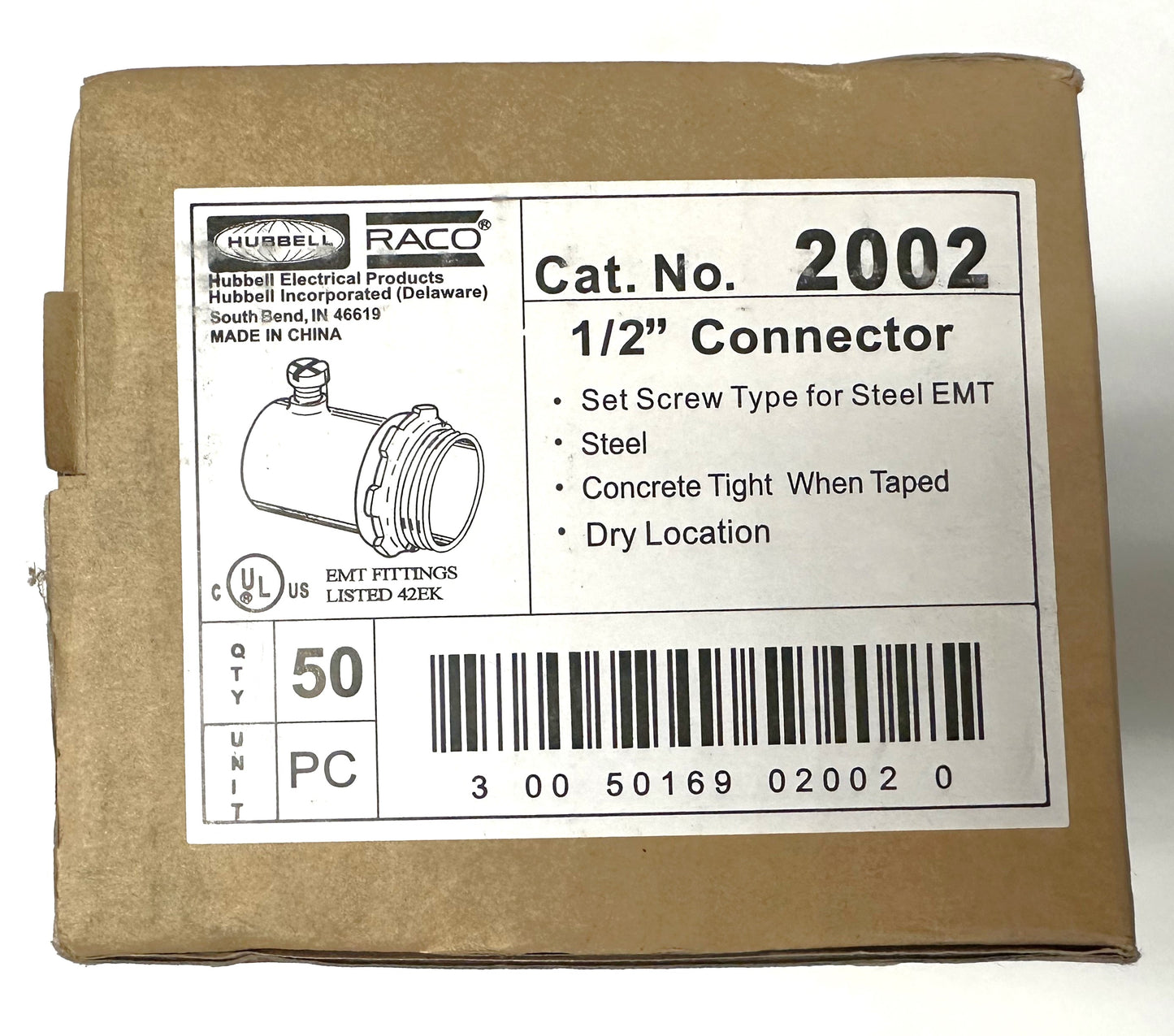 2 Pck Hubbel Raco 50 Piece (2002) 1/2" EMT Set-Screw Connector, 100 Pieces Total