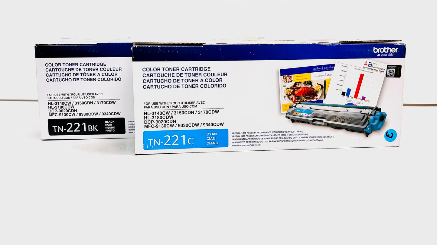 Open Genuine Brother 3150CDN,3170CDW Cyan & Black Toners TN-221C, TN-221BK