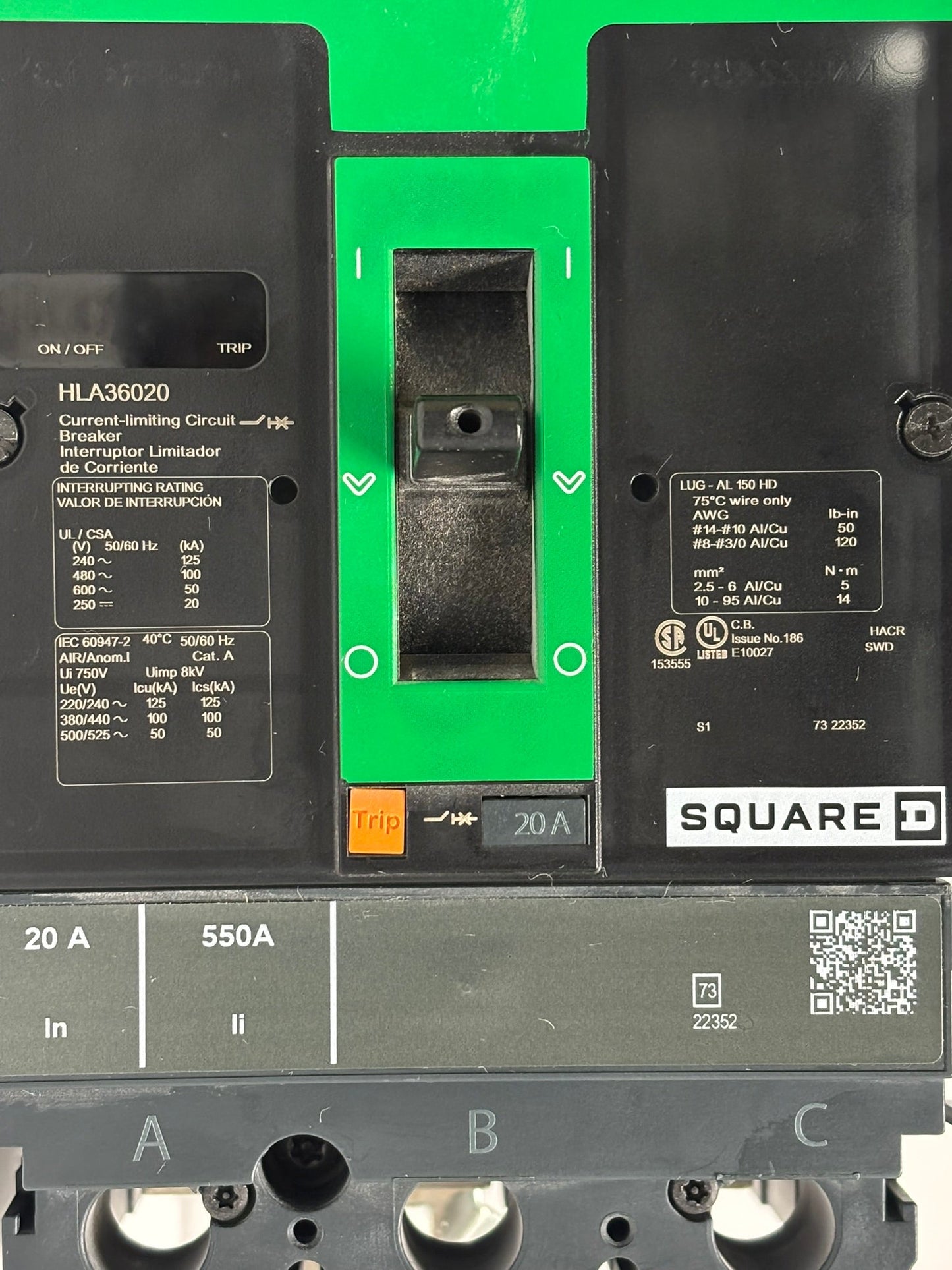 Square D HLA36020 – 20A 3-Pole PowerPact H Molded Case Circuit Breaker