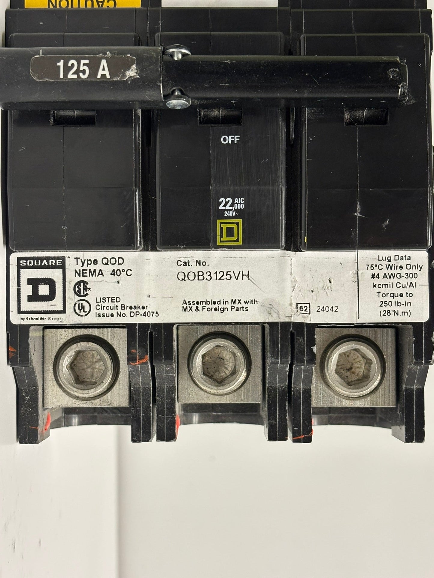 Square D QOB3125VH – 125A 3-Pole 22kA Bolt-On Circuit Breaker
