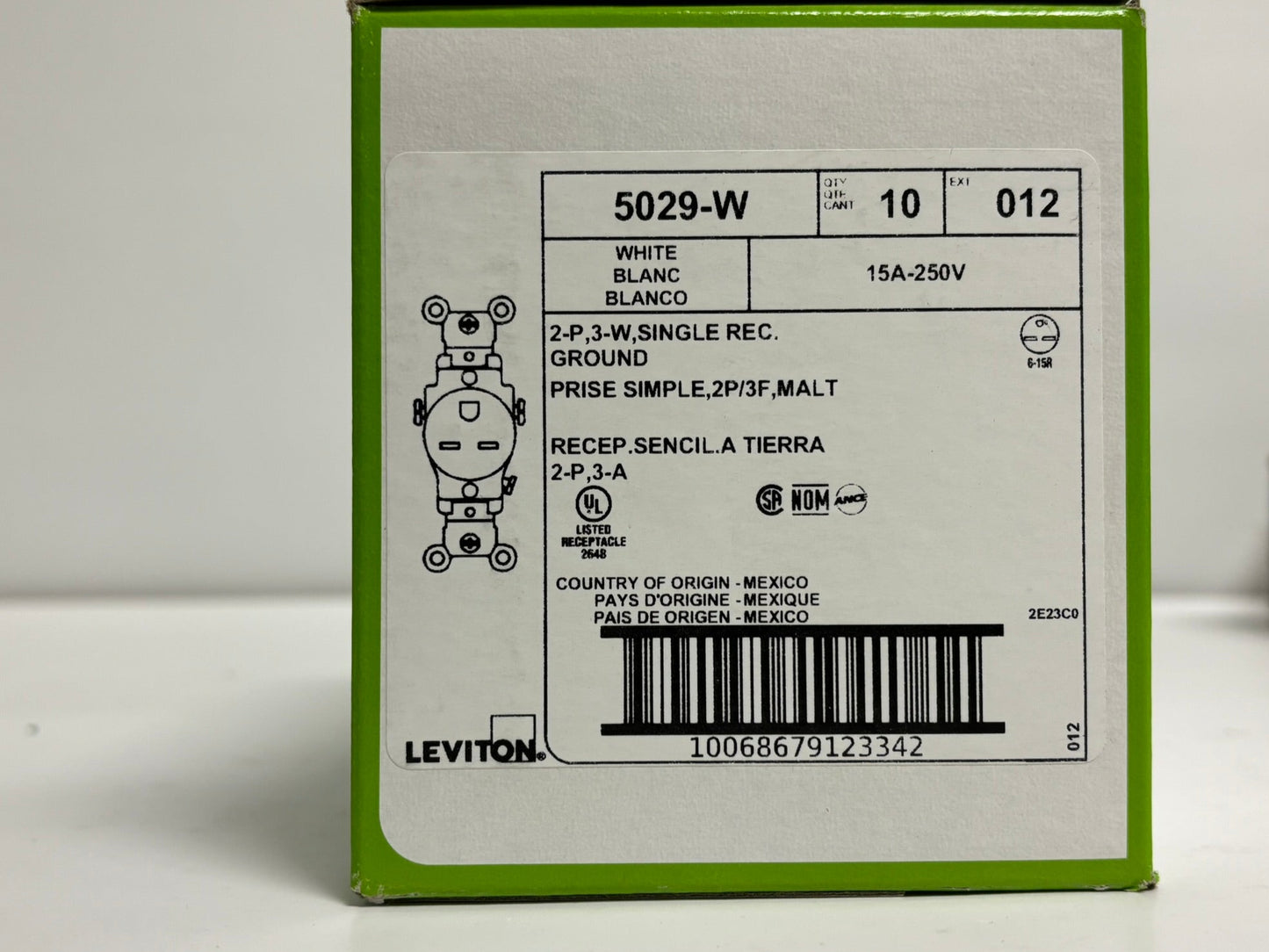 10 PK Leviton 5029-W 15A 250V Commercial Grade NEMA 6-15R Receptacle