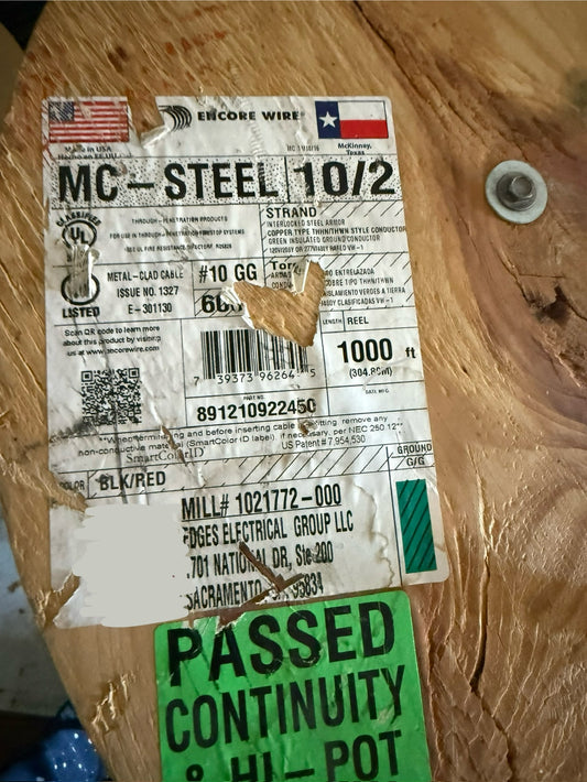 1500' ft Steel MC-Cable 10/2 Strand Copper- Black, White Conductors (1500')